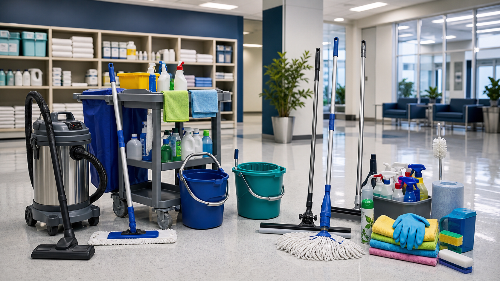 Commercial housekeeping cart, mops, buckets, and cleaners